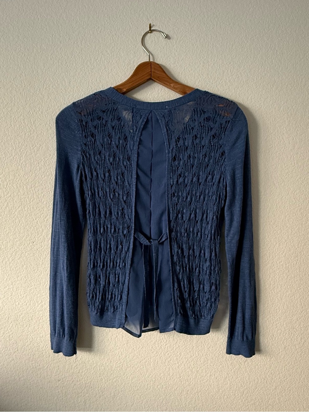 LC Lauren Conrad Sheer Cardigan Sweater with lace back in Slate Blue S. Size: S